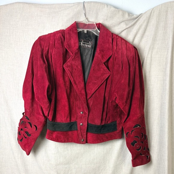 Vintage Phoenix Burgundy Black Suede Cutout Cropped Jacket M Art Western AS‎ IS - Picture 7 of 16